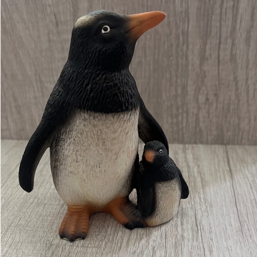 Vintage Penguin with Chick Figurine Realistic Textured Bird Decor Collectible